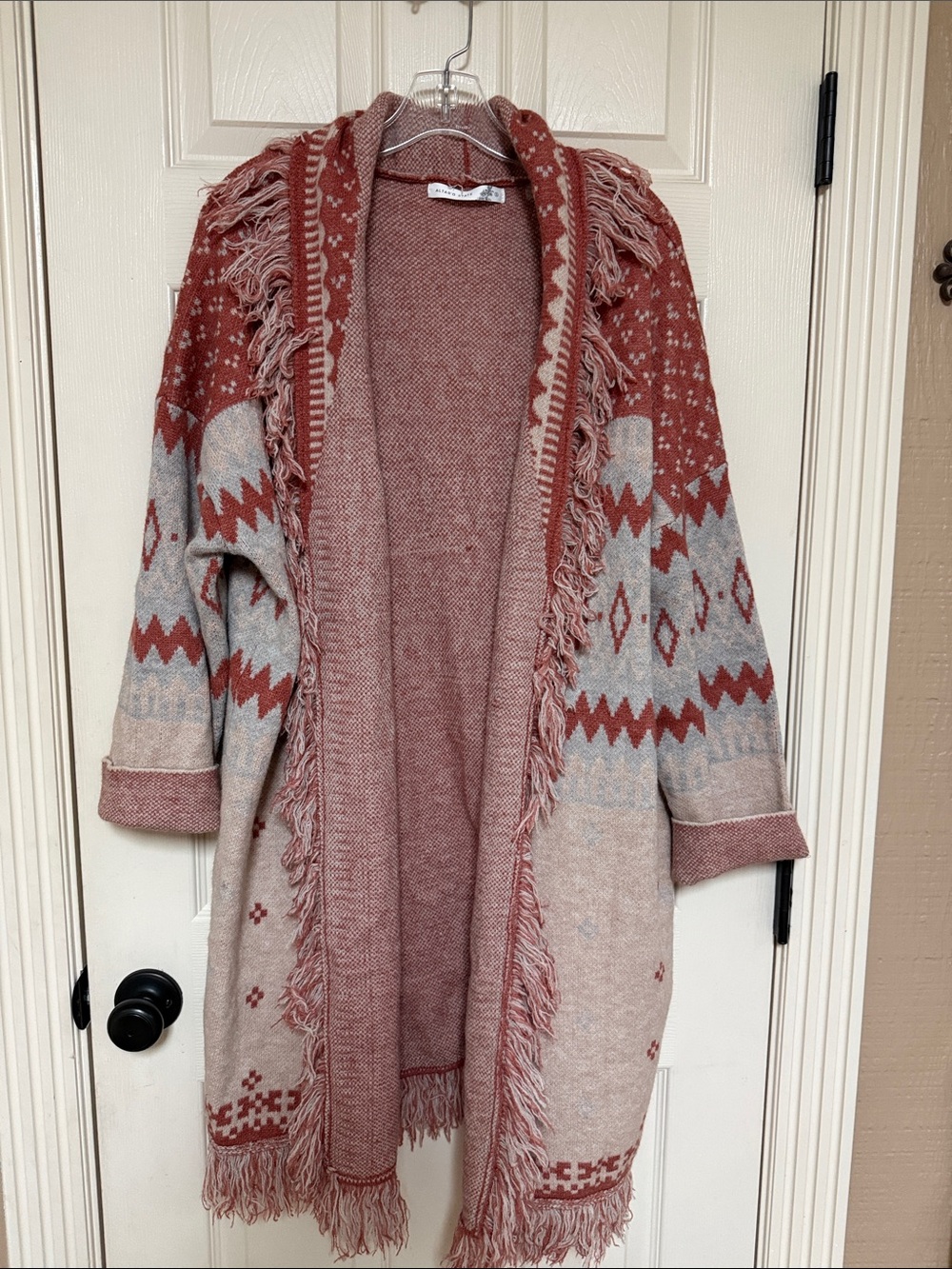 Fringed Open-Front Aztec Cardigan Sweater - Dusty Rose